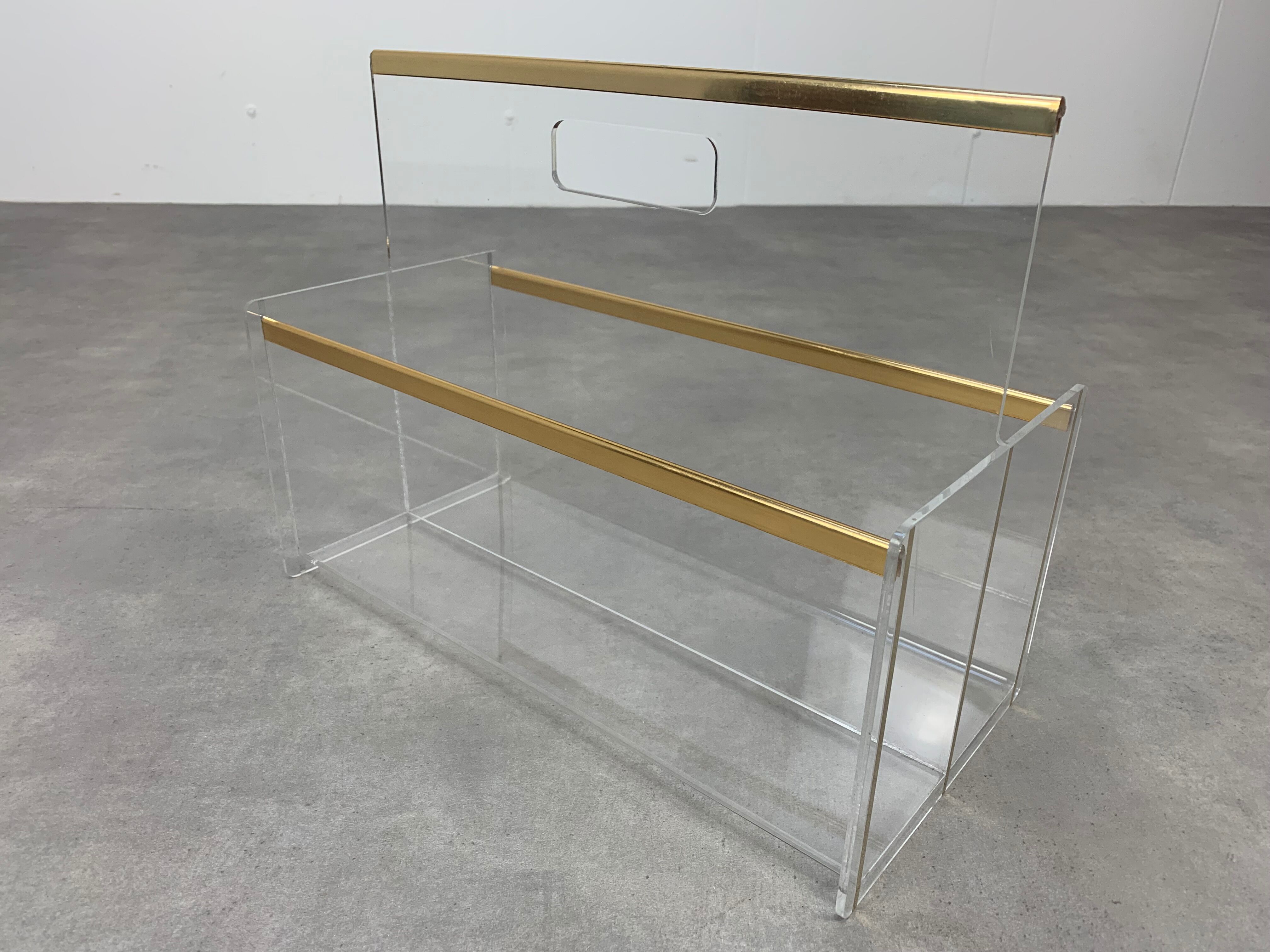 Plexiglas and brass magazine door 70s Hollywood Regency style