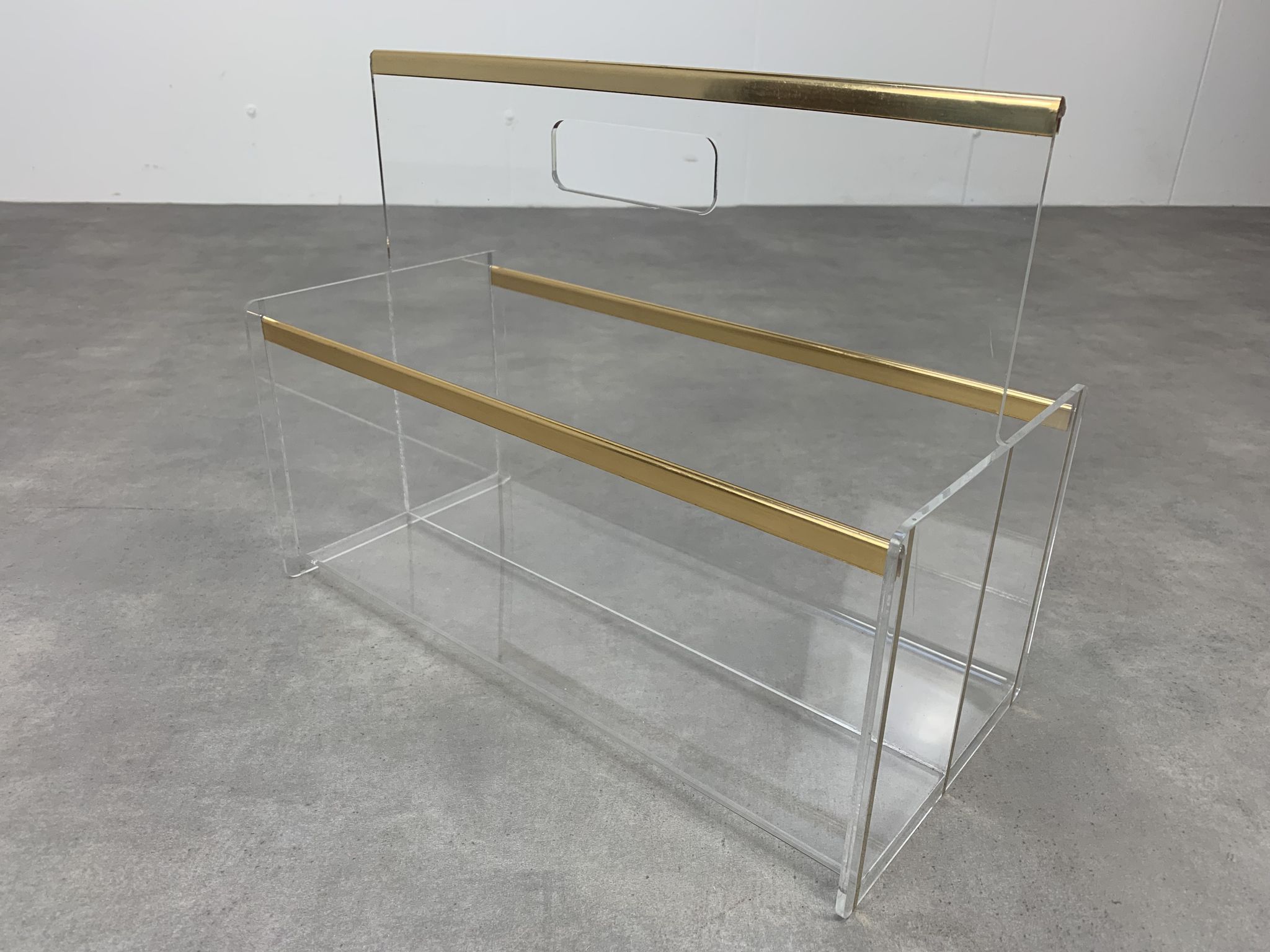 Plexiglas and brass magazine door 70s Hollywood Regency style