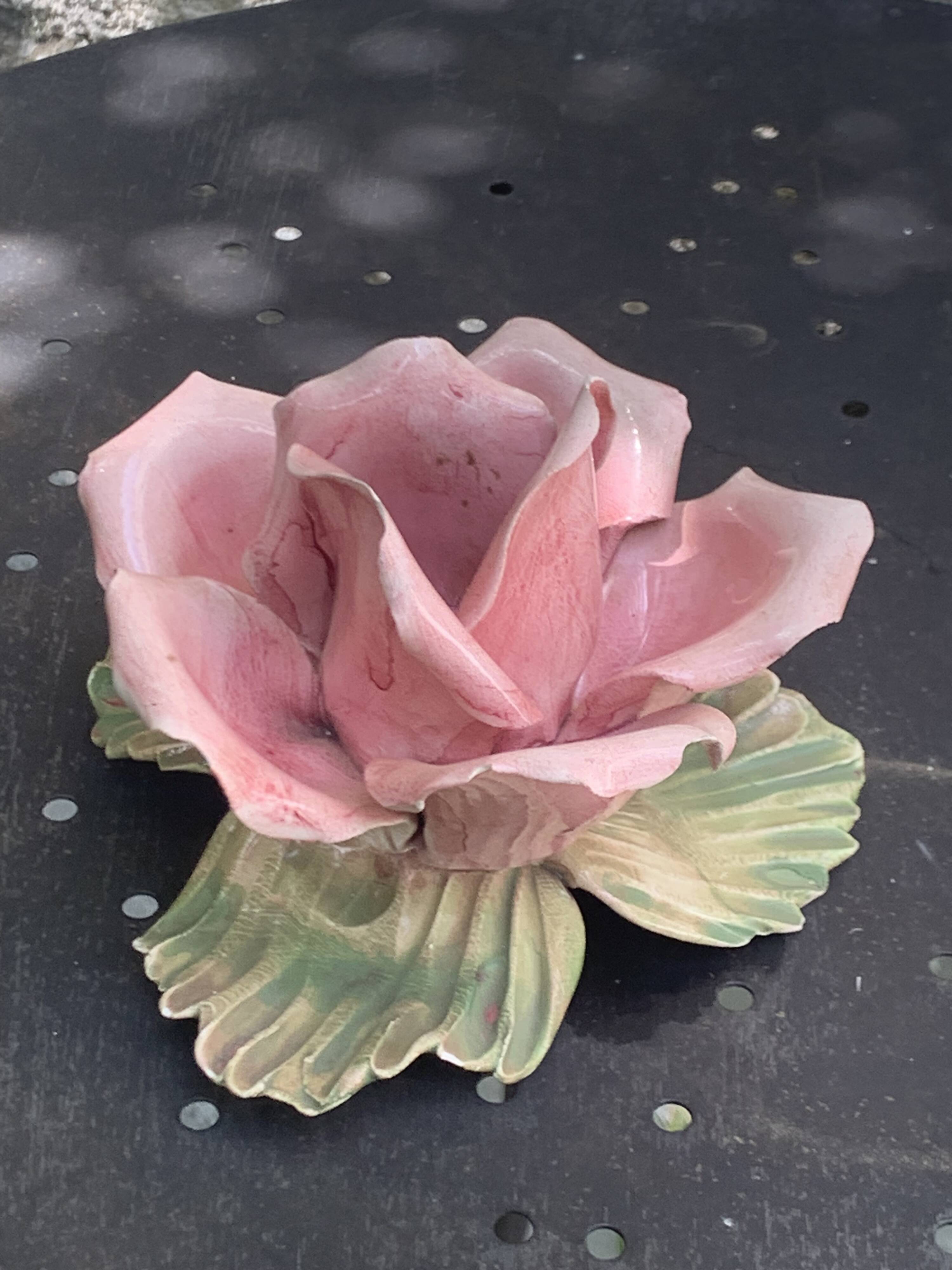 Pink candle holder in slip, old biscuit