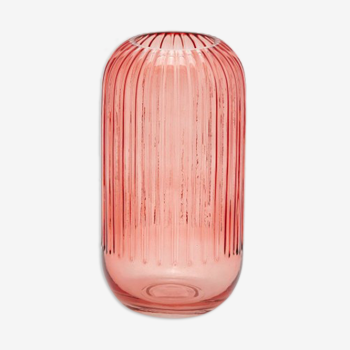Pink glass vase with stripes 25cm
