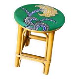 Tabouret vintage en rotin - tissu wax africain