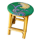 Tabouret vintage en rotin - tissu wax africain