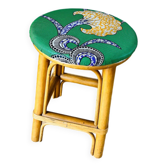 Tabouret vintage en rotin - tissu wax africain