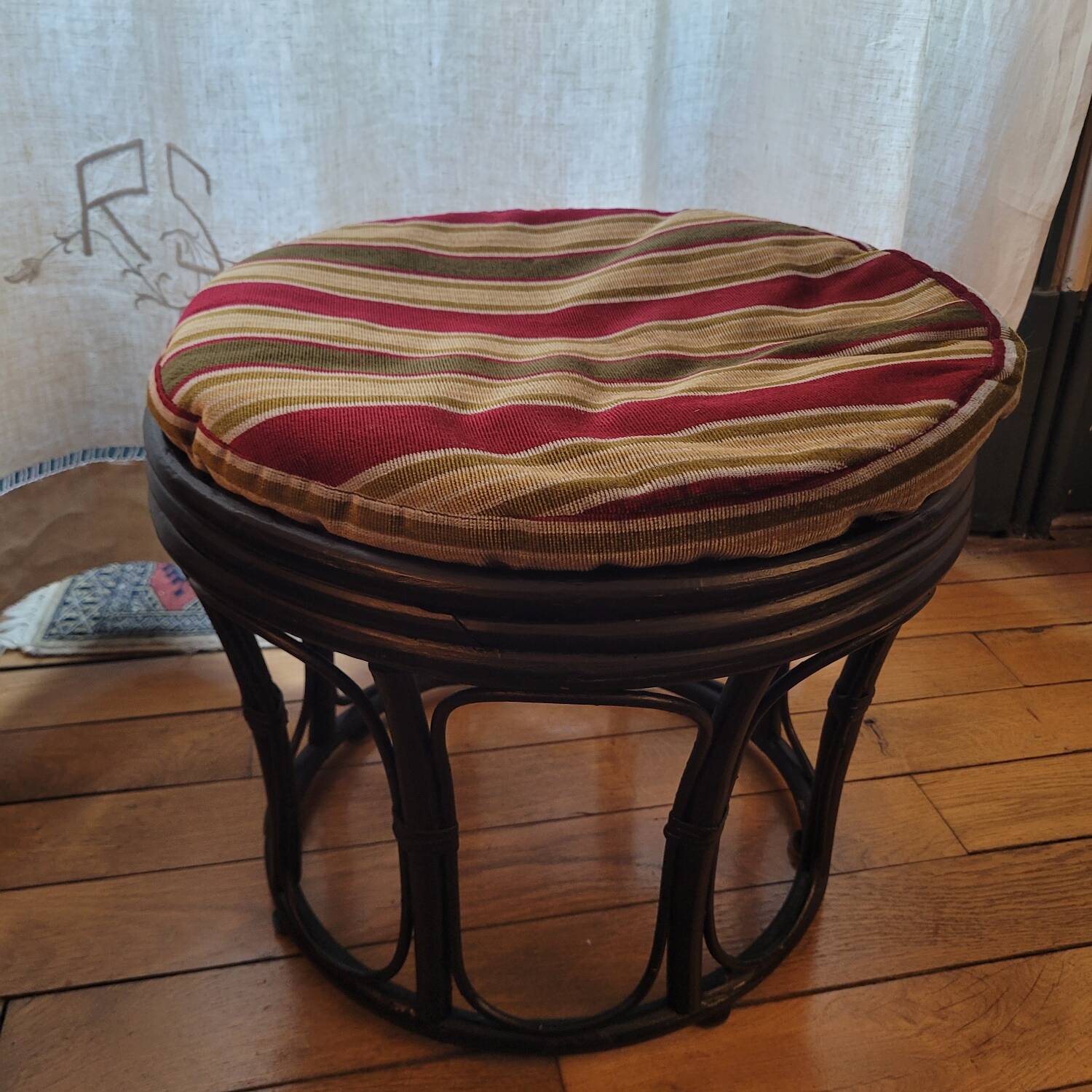 Black bamboo pouf with striped velvet seat pad – vintage 1970s