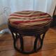 Black bamboo pouf with striped velvet seat pad – vintage 1970s