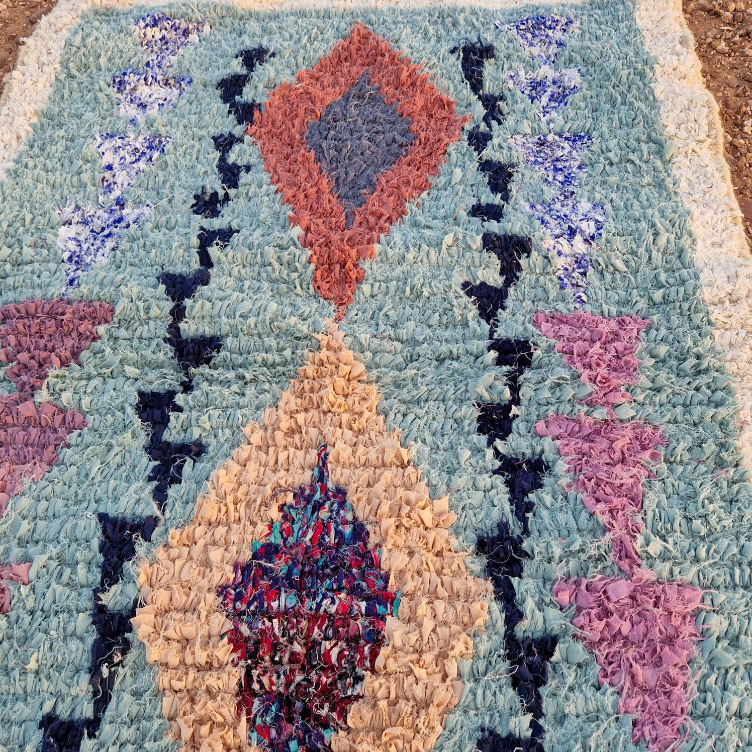 Moroccan Berber carpet Boucherouite light blue
