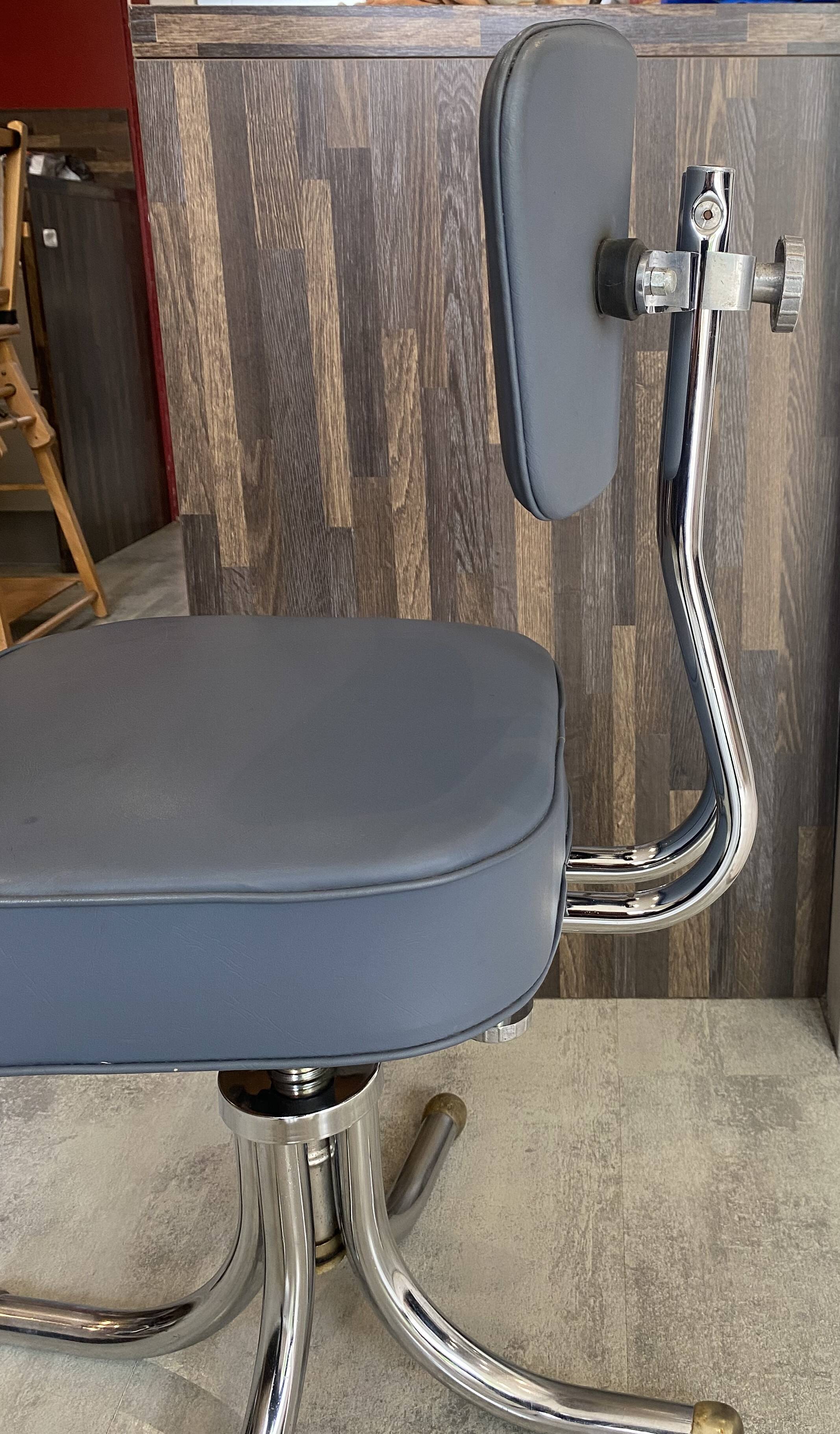 Swivel office chair in Roneo style, grey faux leather with vintage chrome.