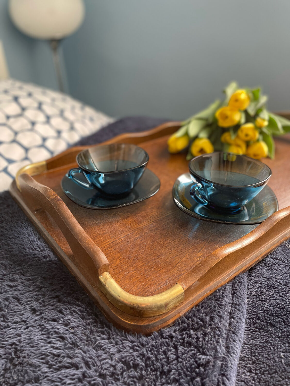 Wooden and brass serving tray