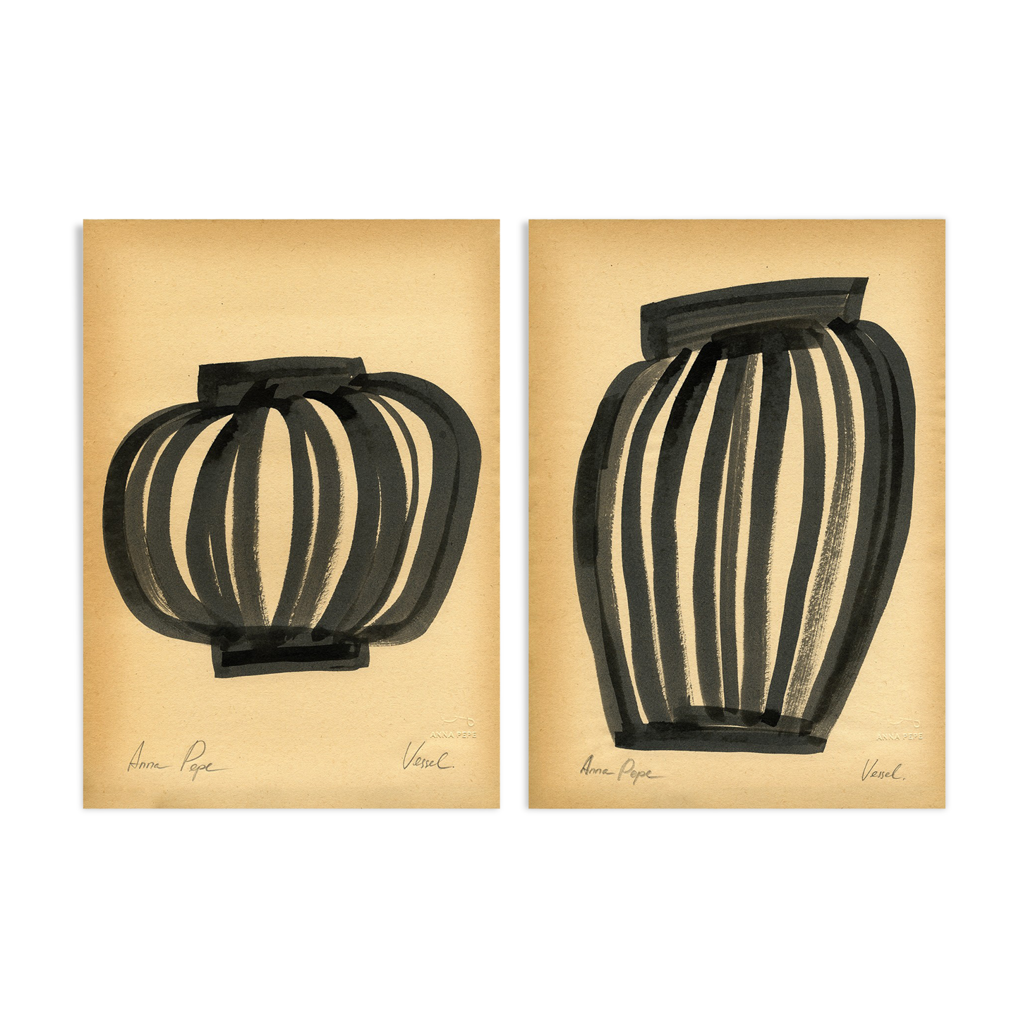 Pair of original gouache painting on vintage paper, A4