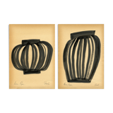 Pair of original gouache painting on vintage paper, A4