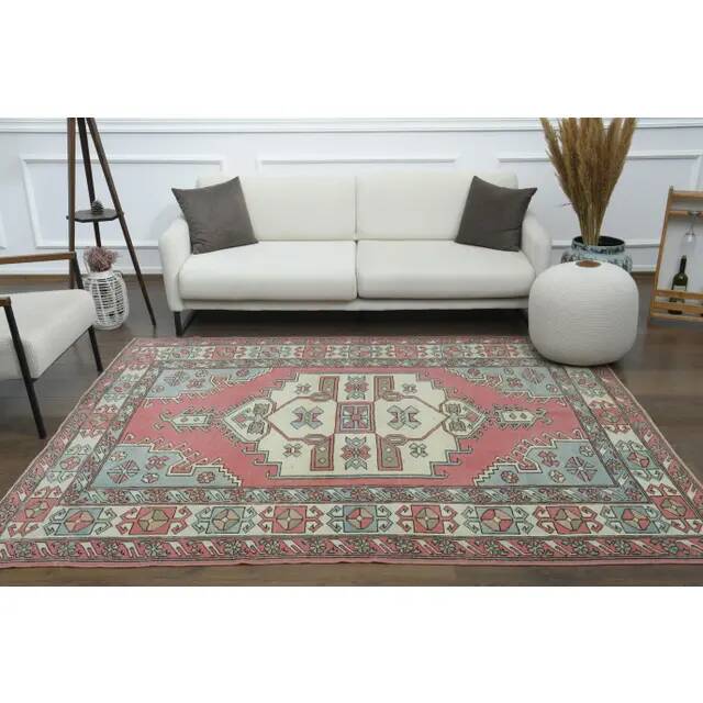 1970s vintage Turkish Oushak handmade wool cotton pink area rug 190x245