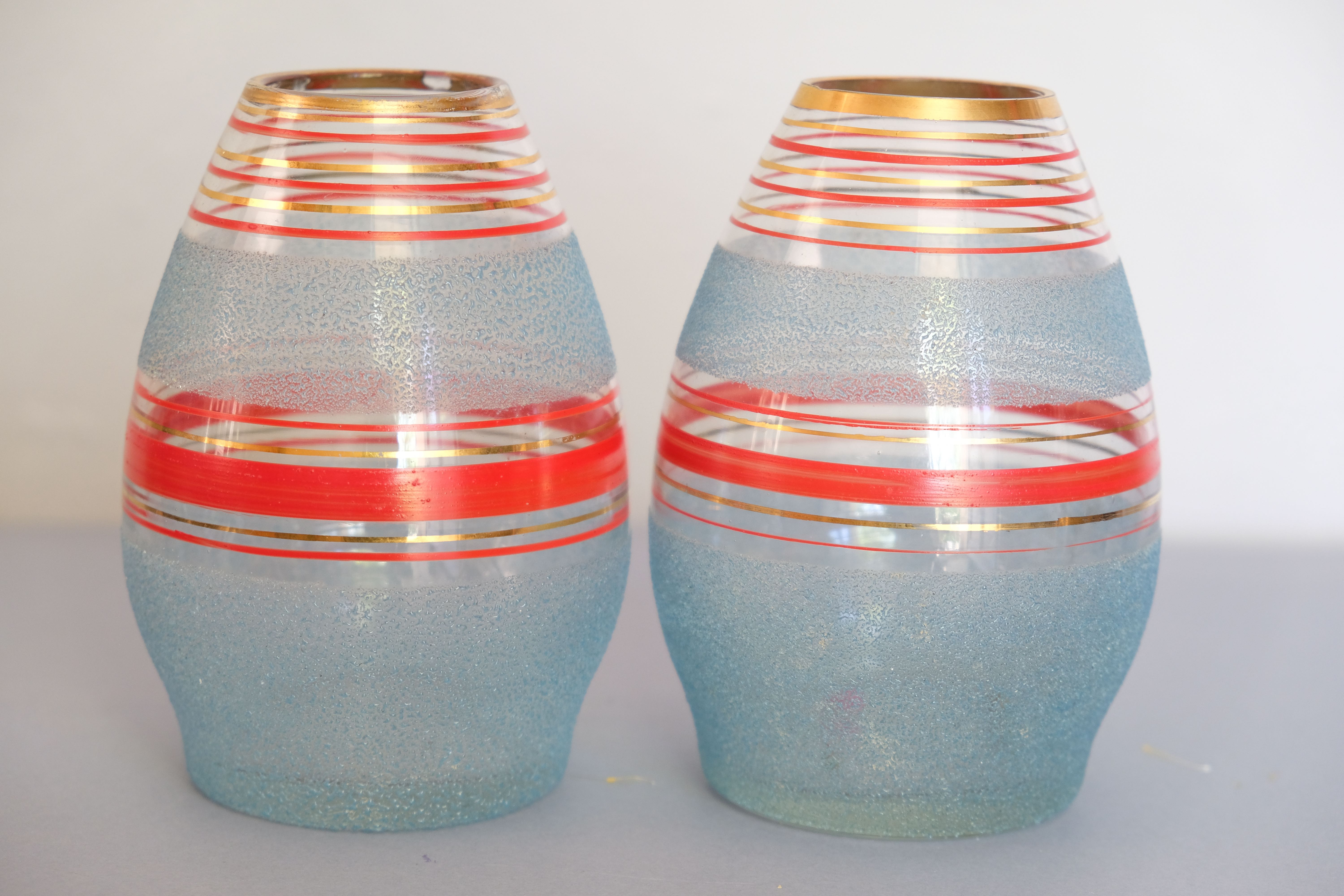 Vase year 50/60 blue granite glass, golden red stripes