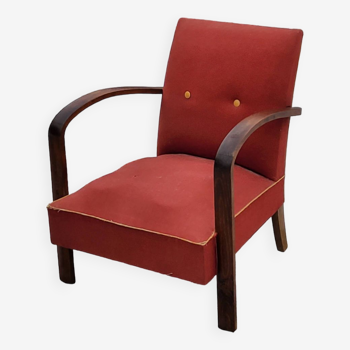 Fauteuil vintage des années 50 en hêtre dossier et assise tissu rouge