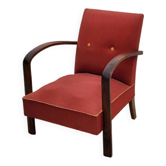 Fauteuil vintage des années 50 en hêtre dossier et assise tissu rouge
