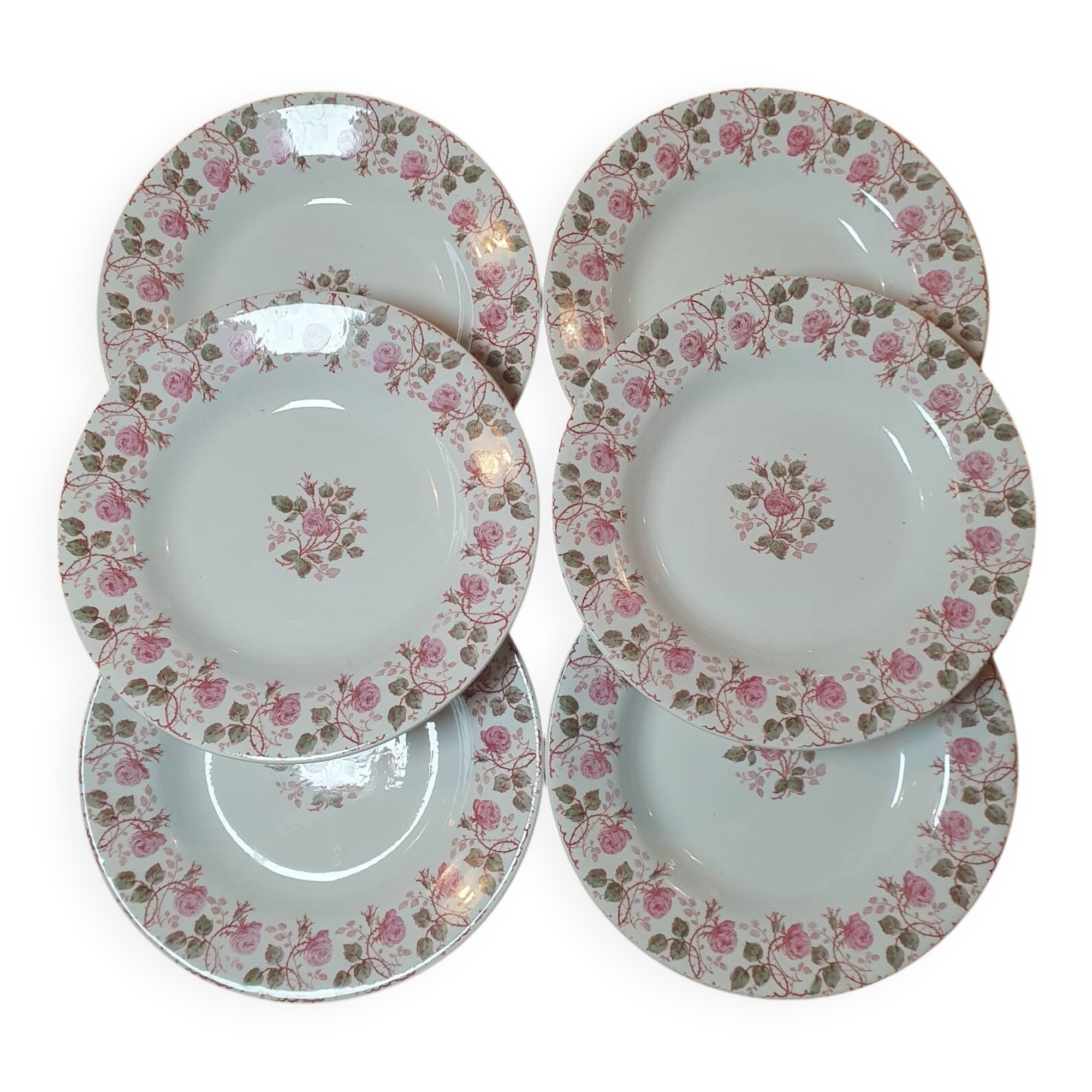 6 Gien Terre de Fer soup plates - Garland of Roses