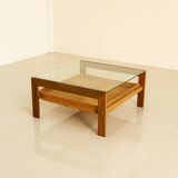Table basse néerlandaise en wengé et osier 60's
