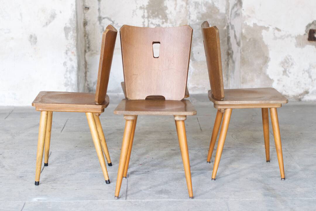 Series of four vintage brutalist wooden chairs 1960