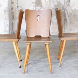 Series of four vintage brutalist wooden chairs 1960