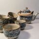 Korean Stoneware Tea Service. 6 Cups and 1 Teapot. Blue Decor