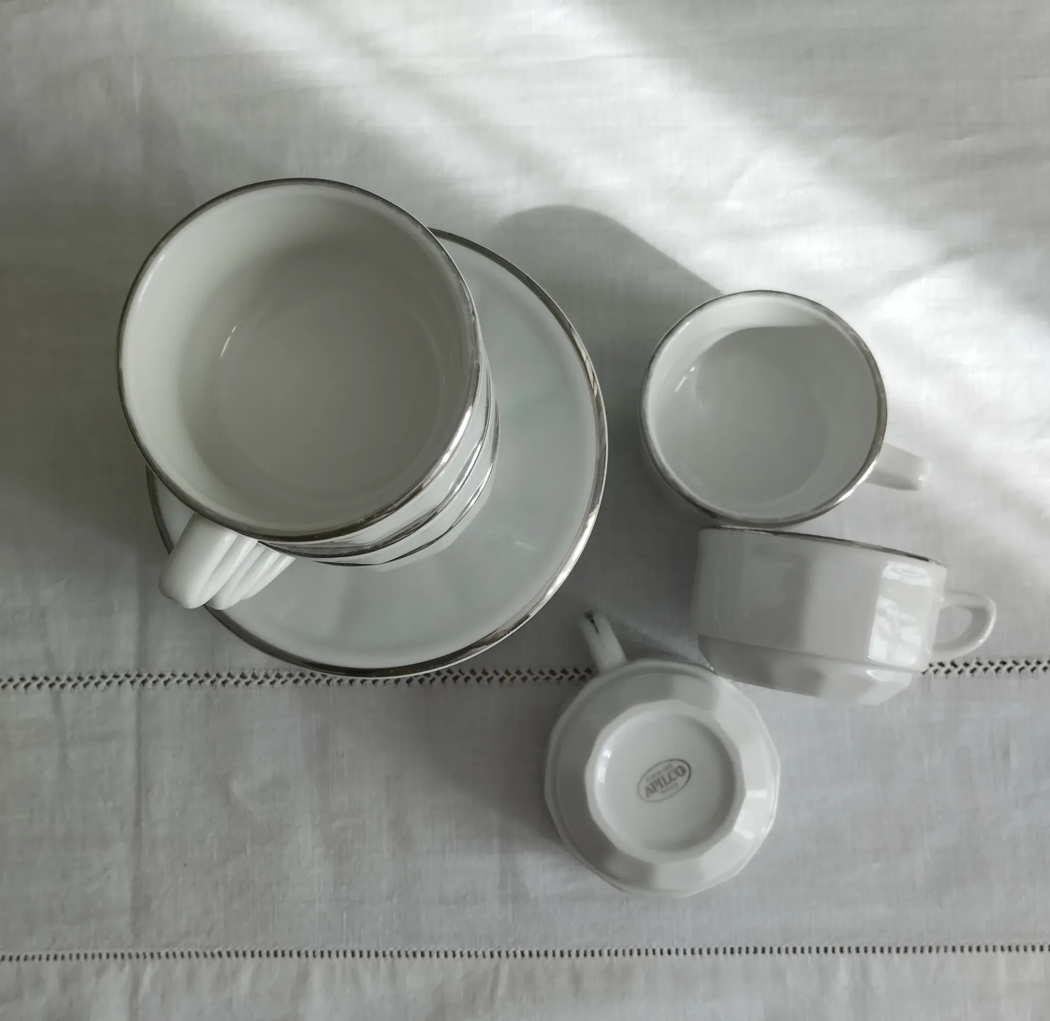 6 white porcelain coffee cups with silver trim Apilco Deshoulières