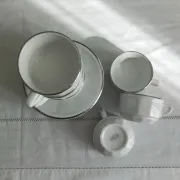 6 white porcelain coffee cups with silver trim Apilco Deshoulières