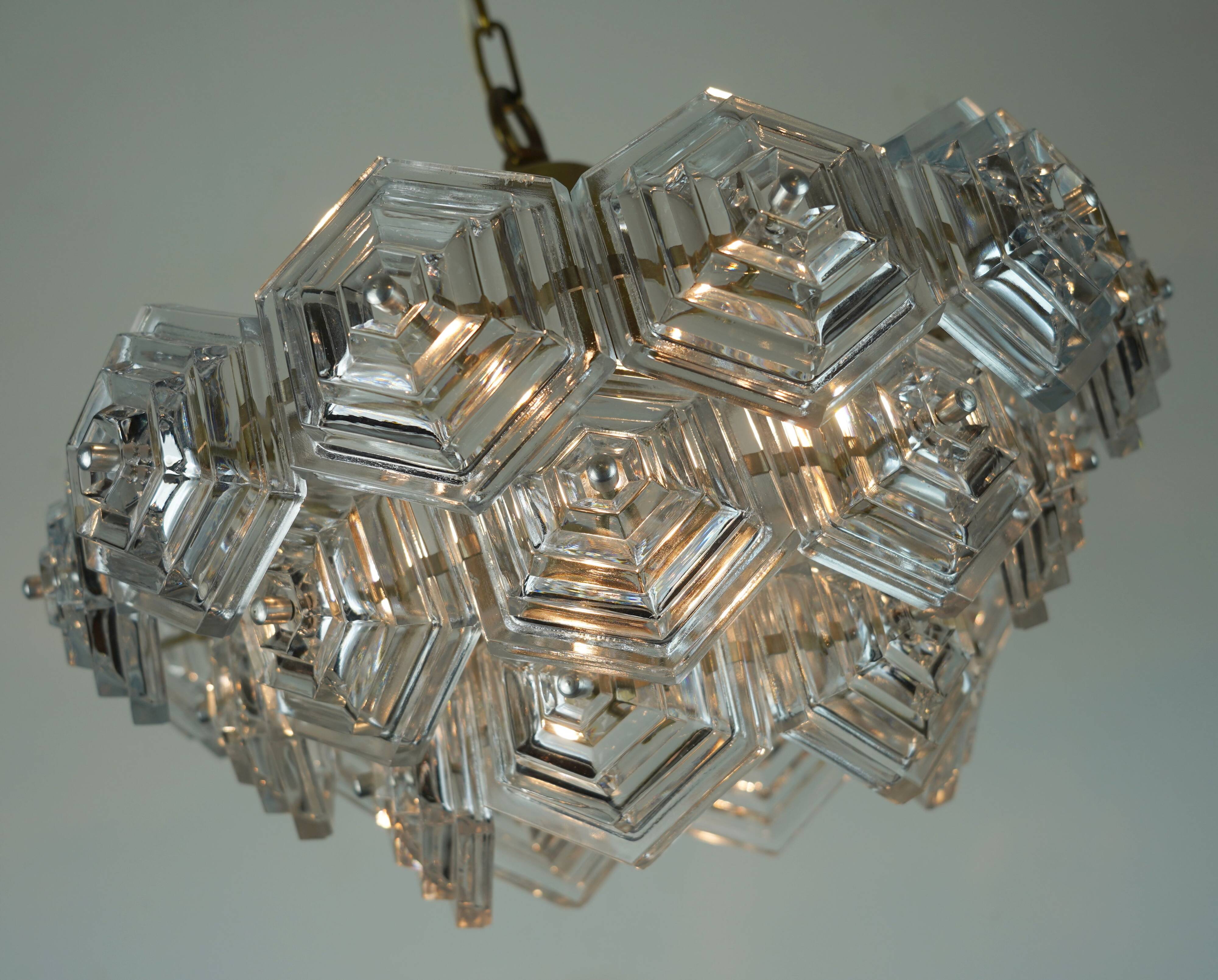 3-tier mid century pendant light with 27 hexagonal glass panels 1960s 70s