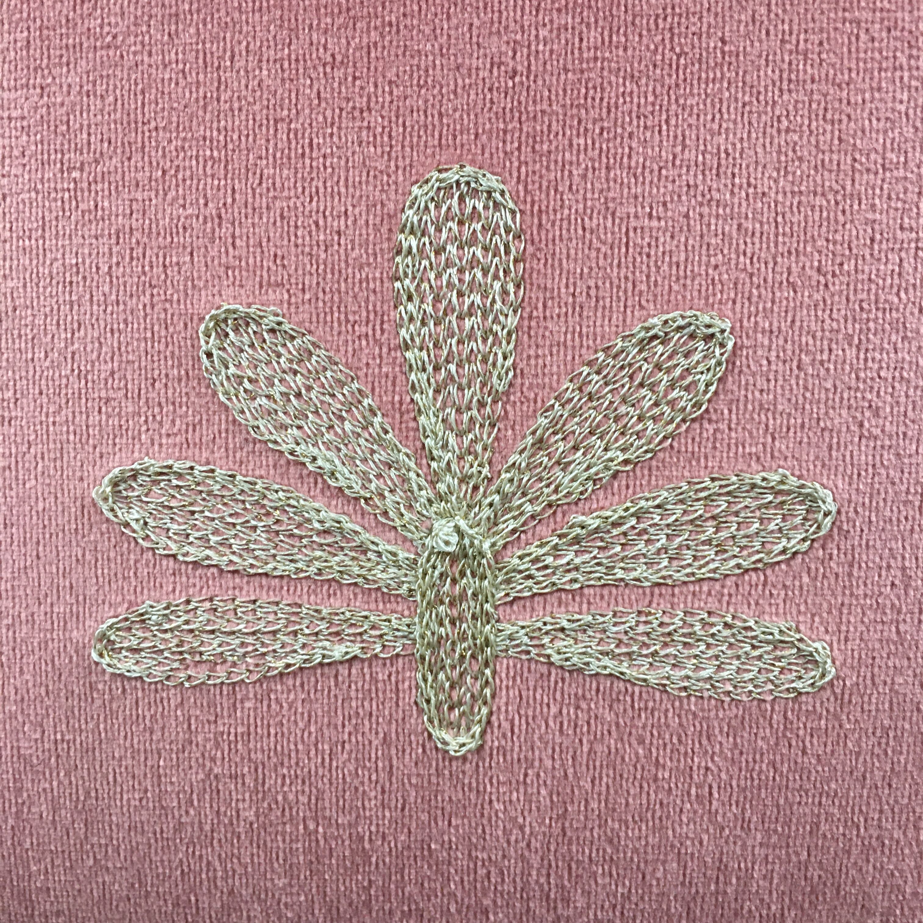 Pink cushion embroidered palm trees