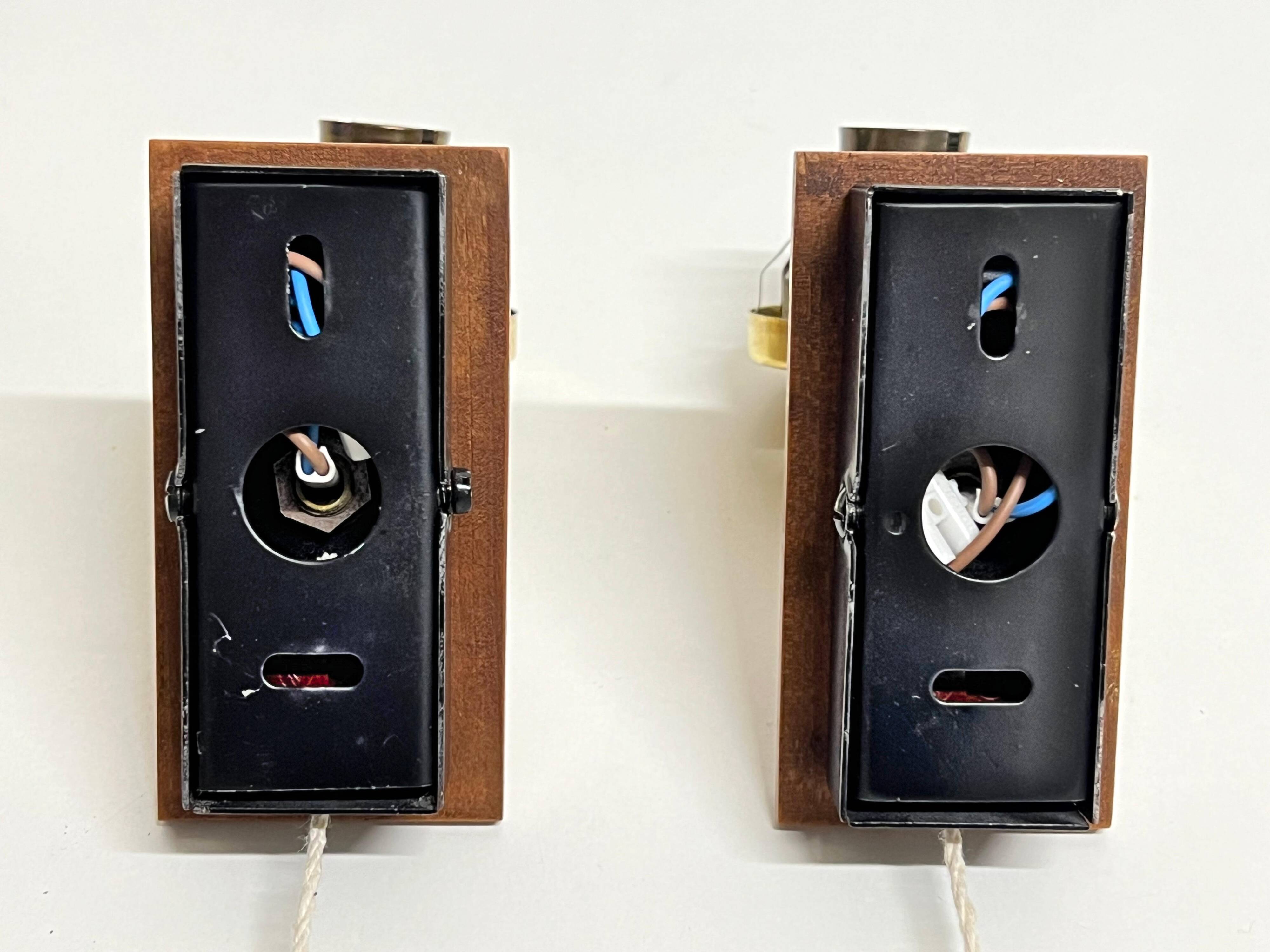 Pair of Scandinavian Wall Lights - Opaline Brass Wood - 50's 60's