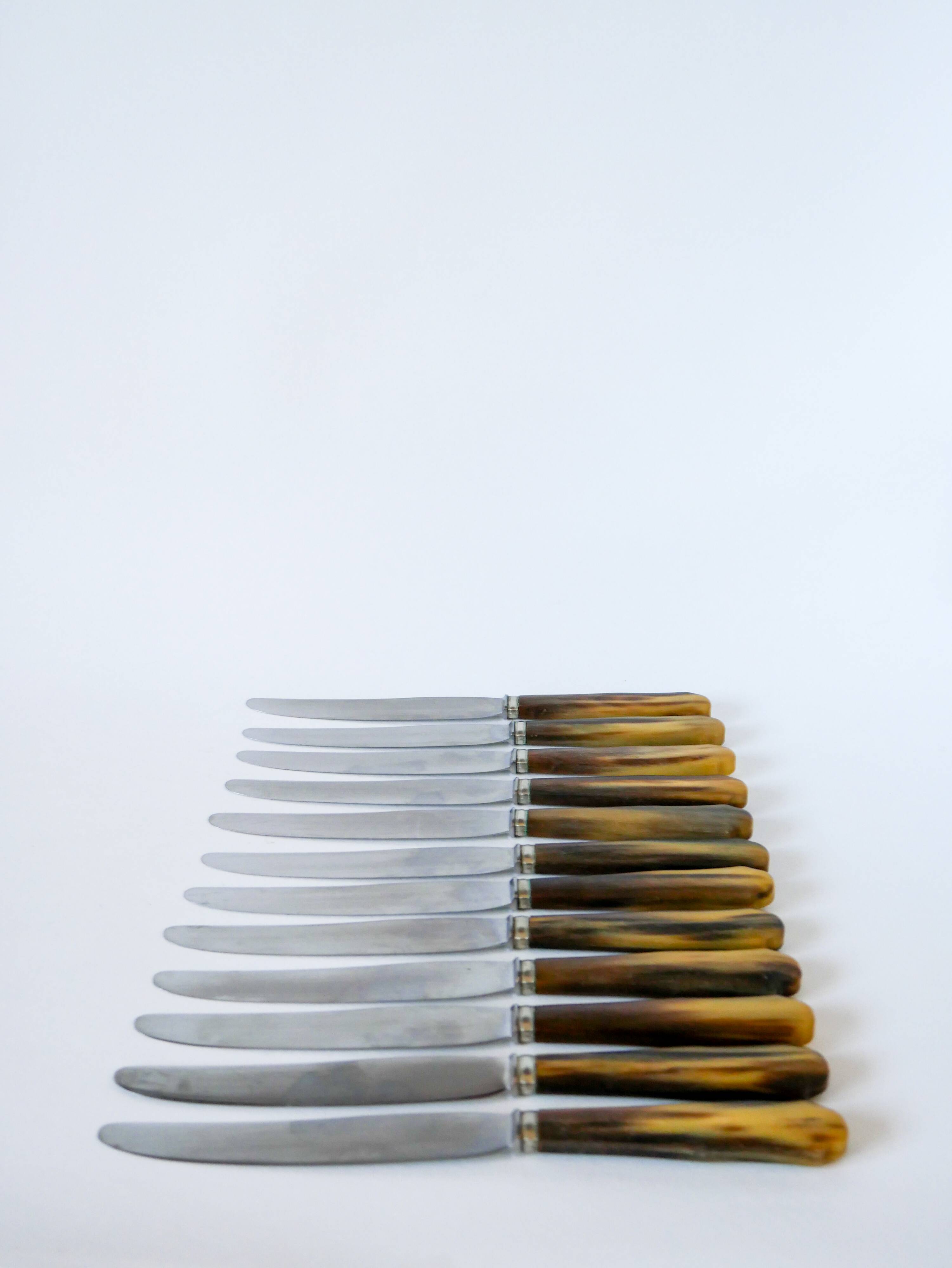 Set of 12 brown and beige marbled horn knives 1960