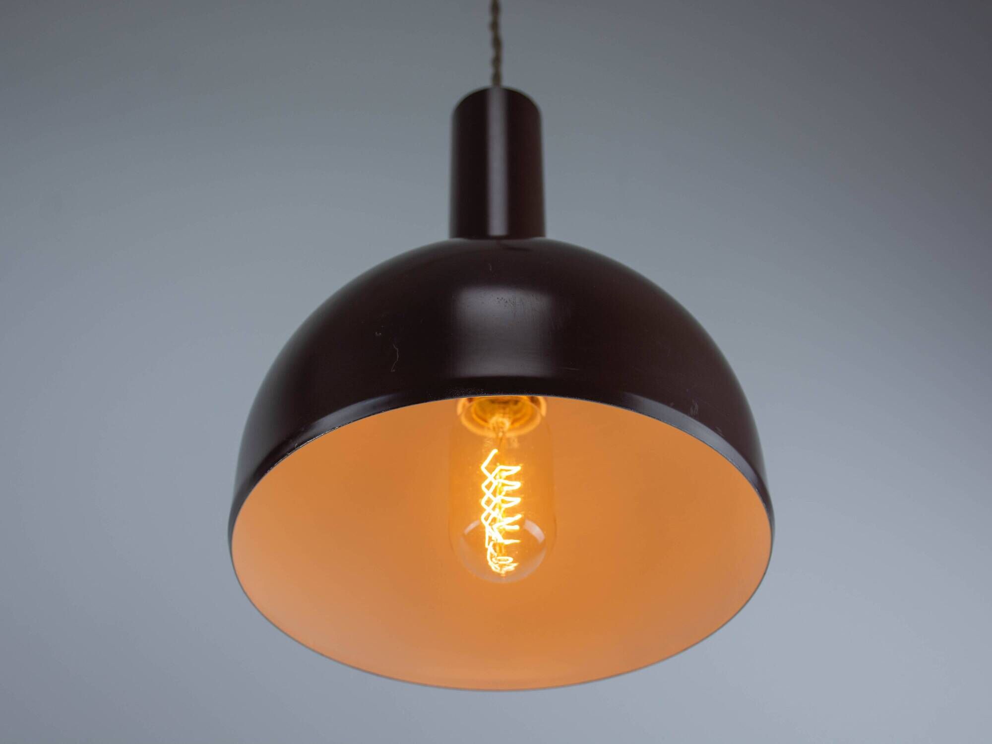 Set of 2 Mid-Century Modern Brown Metal Hanging Lamps