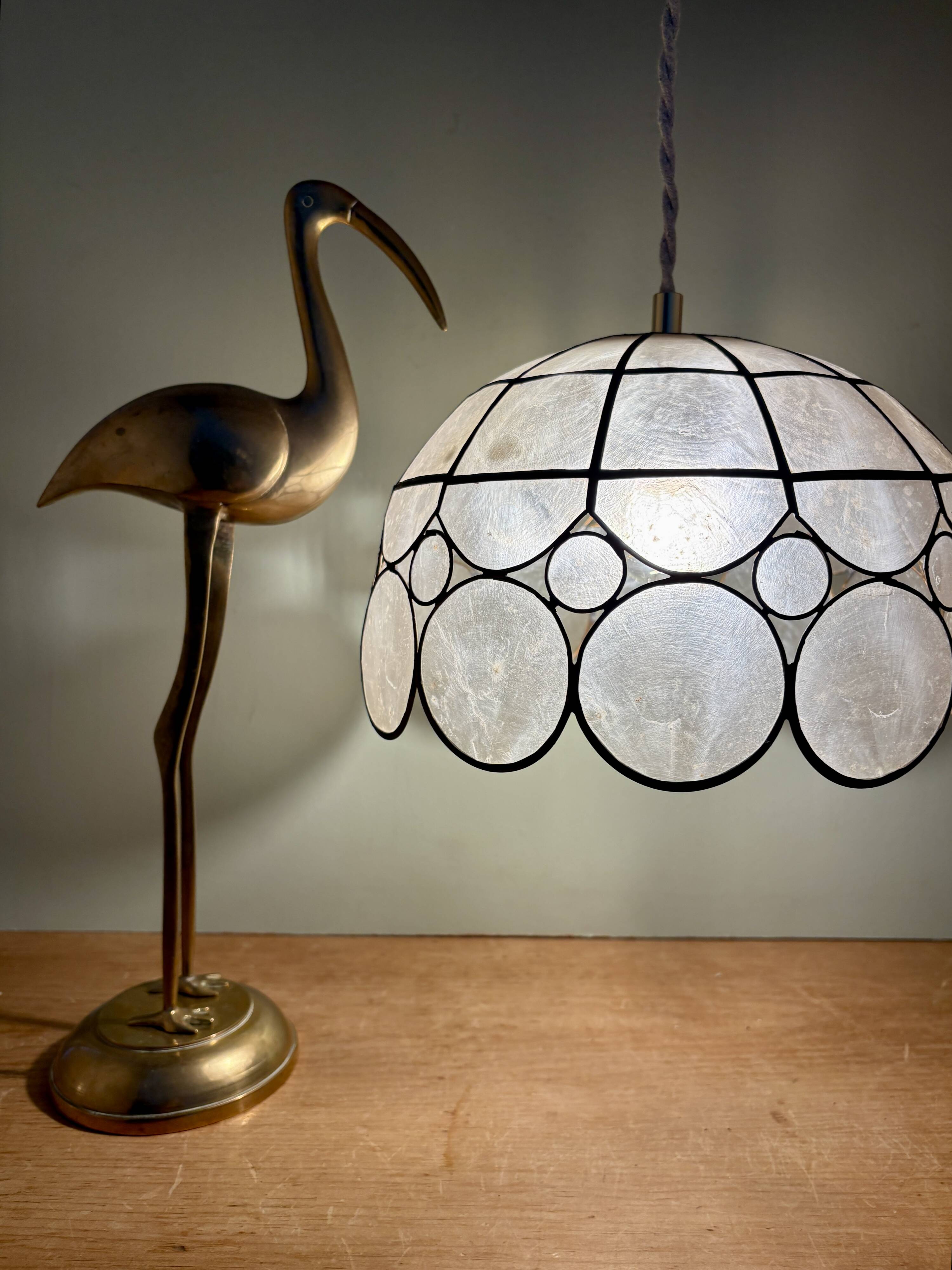 Vintage mother-of-pearl and brass lampshade pendant light