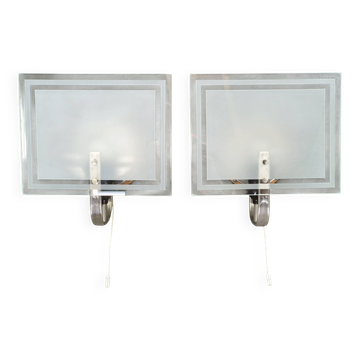 Pair of Art Deco Glass Wall Lights, Czechoslovakia, 1940s