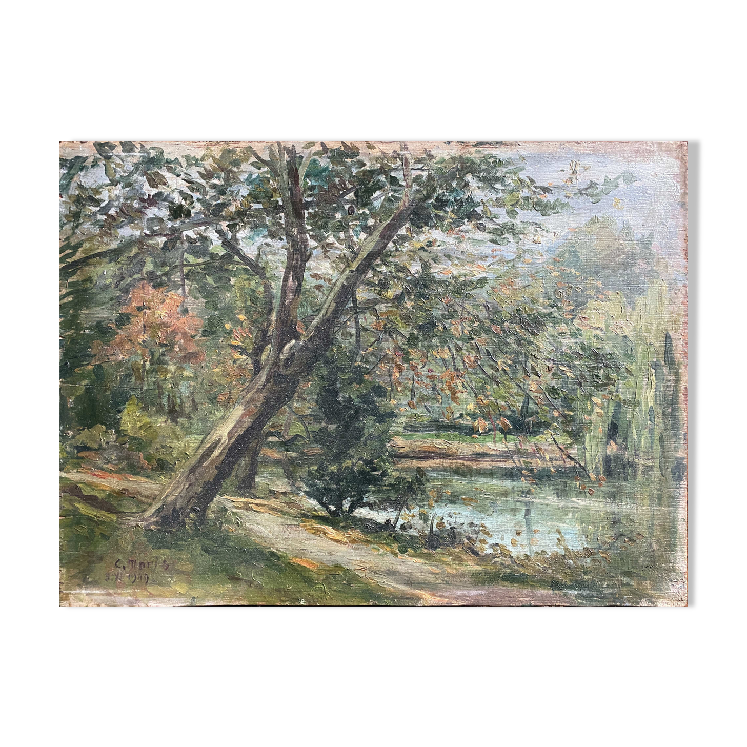 HSP painting "The wooded pond" Park signed C. Moris 1909