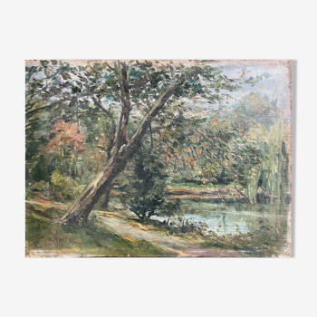 HSP painting "The wooded pond" Park signed C. Moris 1909
