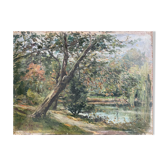 Tableau HSP "L'étang arboré" Parc signé C. Moris 1909
