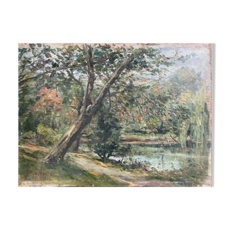 Tableau HSP "L'étang arboré" Parc signé C. Moris 1909