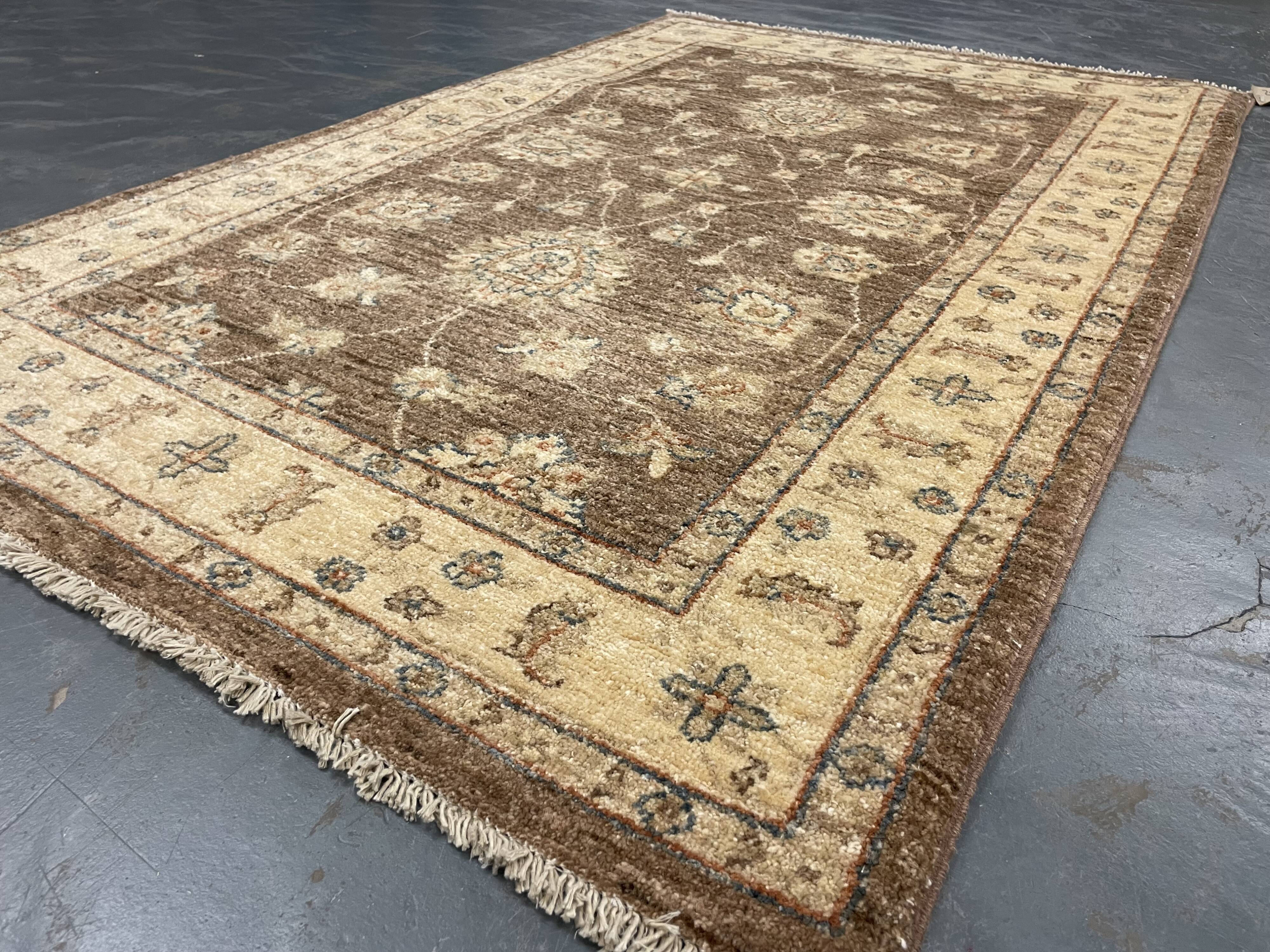 Brown Wool Rug, Handmade Floral Ziegler Carpet 148x96cm Oriental Decor