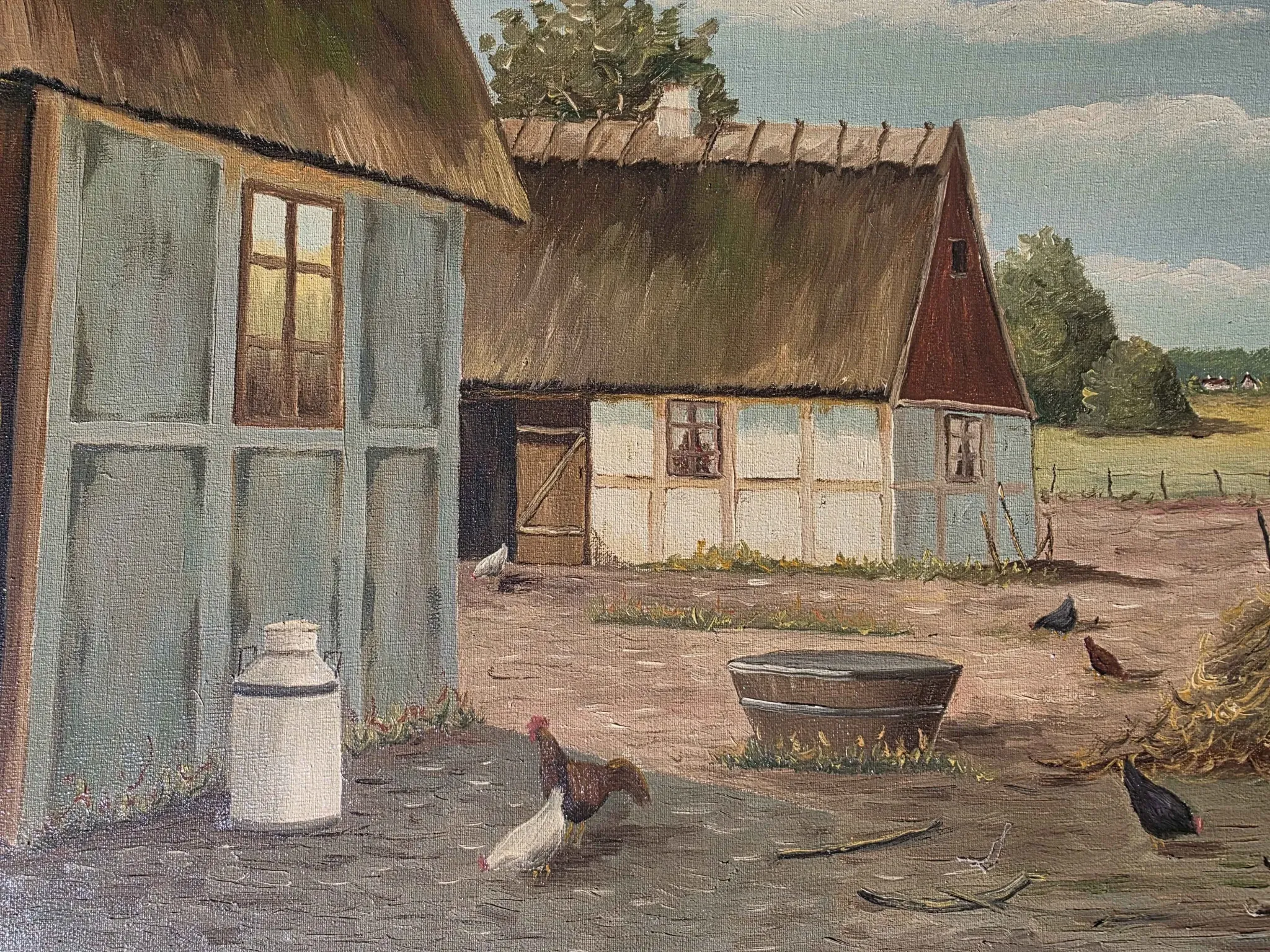 Vintage Oil Painting - Sunlit Farmyard with Chickens