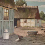 Vintage Oil Painting - Sunlit Farmyard with Chickens