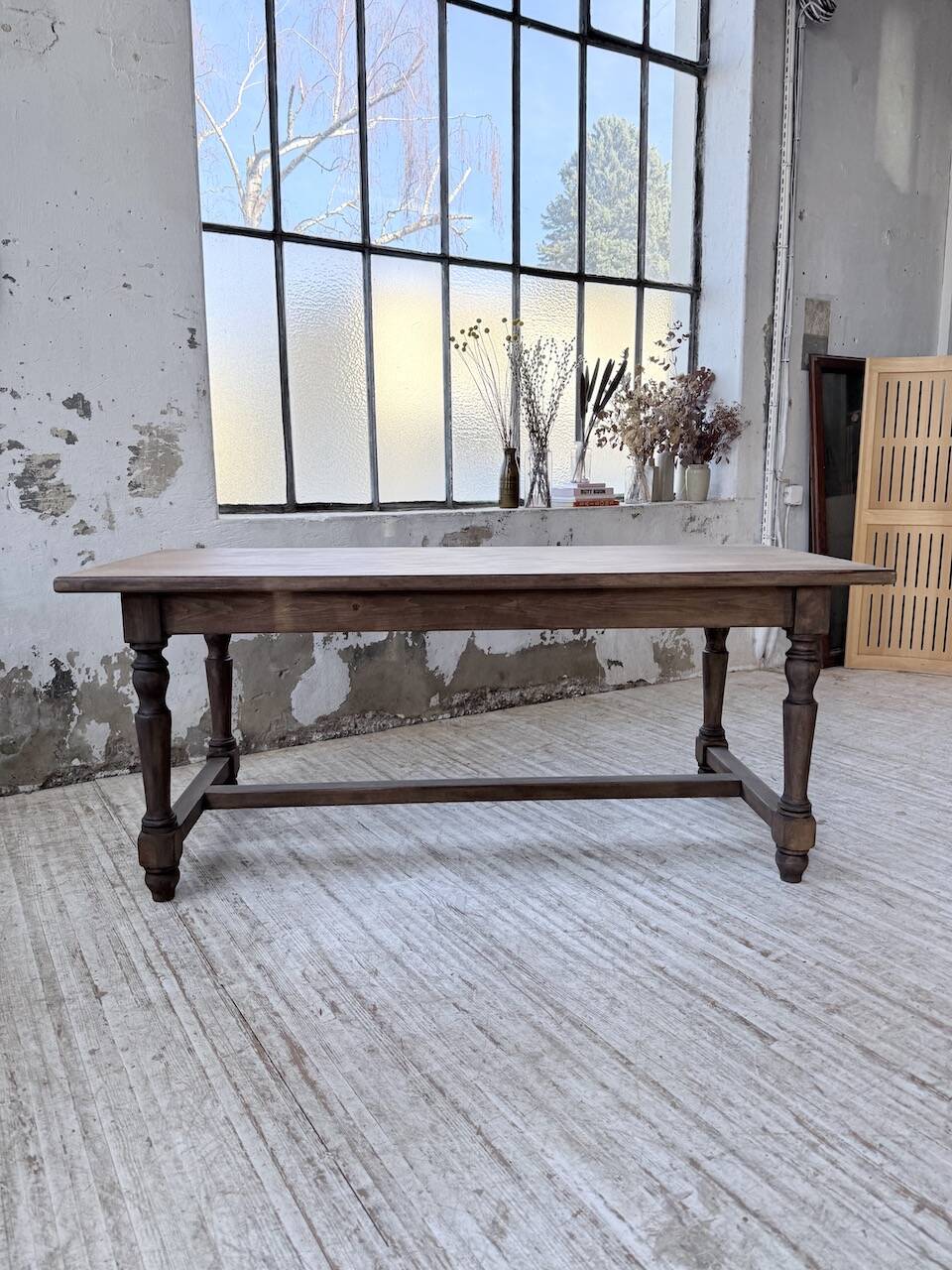 Farm table with turned legs, made of pine and birch, 180cm.