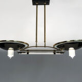 Venini-style halogen chandelier with two arms in brass, anthracite metal and glass. Eighties