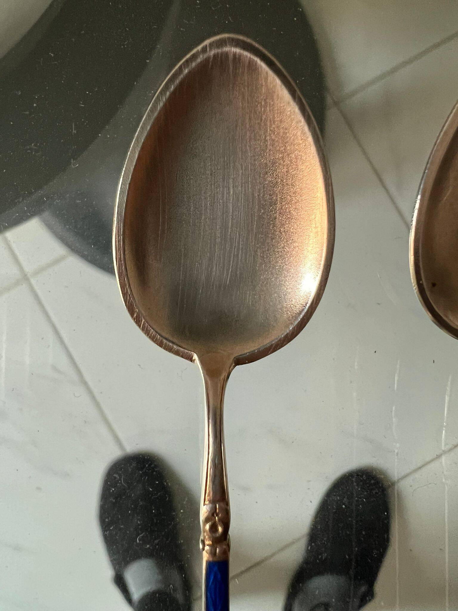 Coffee spoons late 19th century SOLID SILVER 995 3 hallmarks + ROYAL BLUE enamel ENGLISH origin