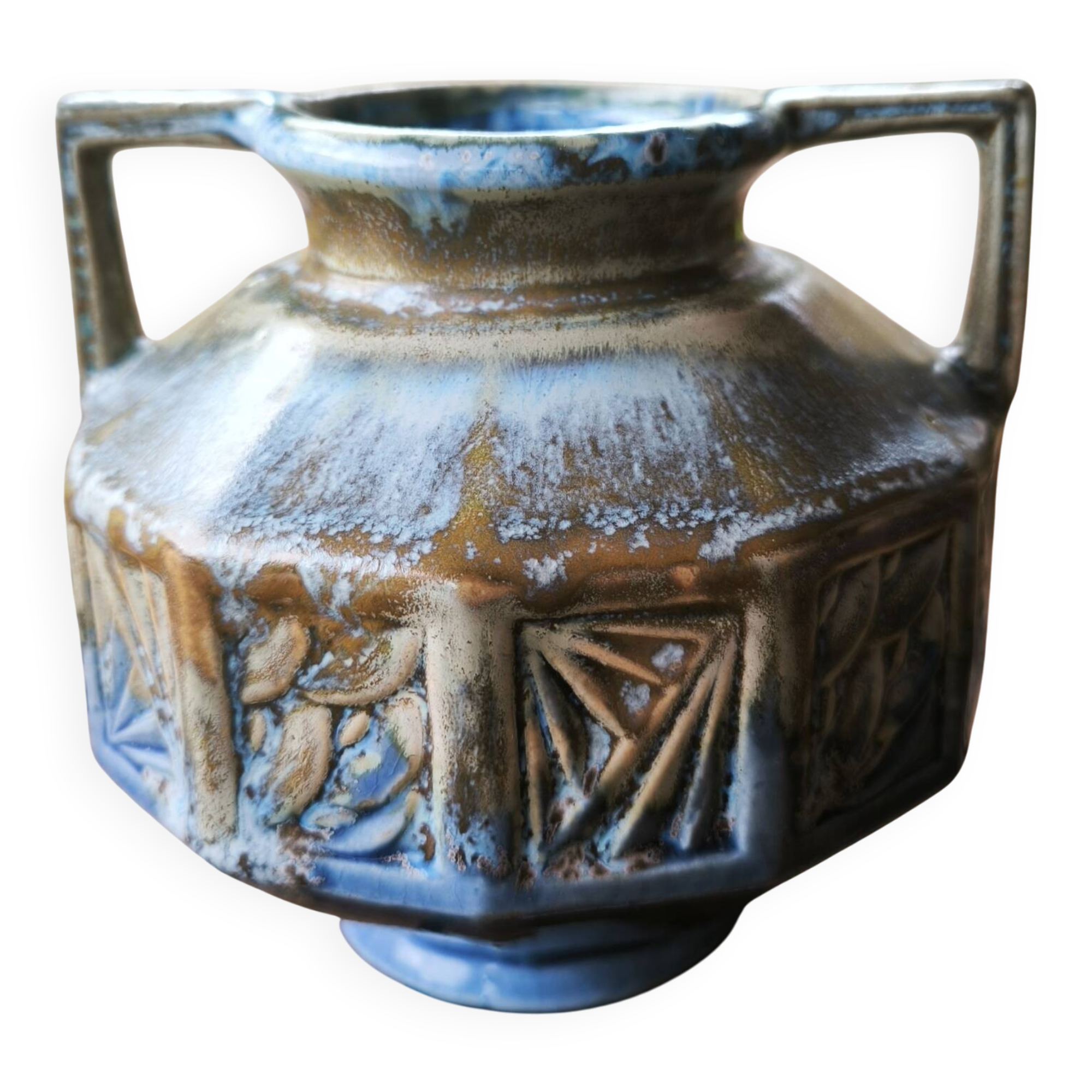 Art Deco octagonal vase in flamed stoneware – signed Alpho (Alphonse Mouton)