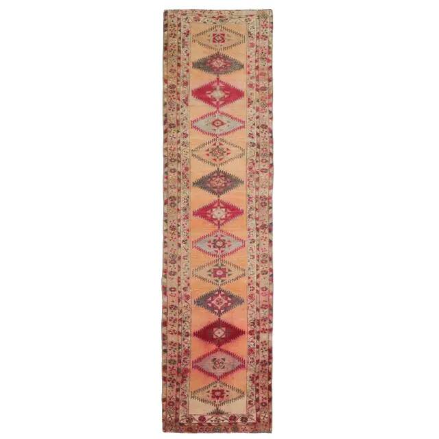Vintage Turkish Hand-Knotted Wool Cotton Orange Runner Rug 85x344