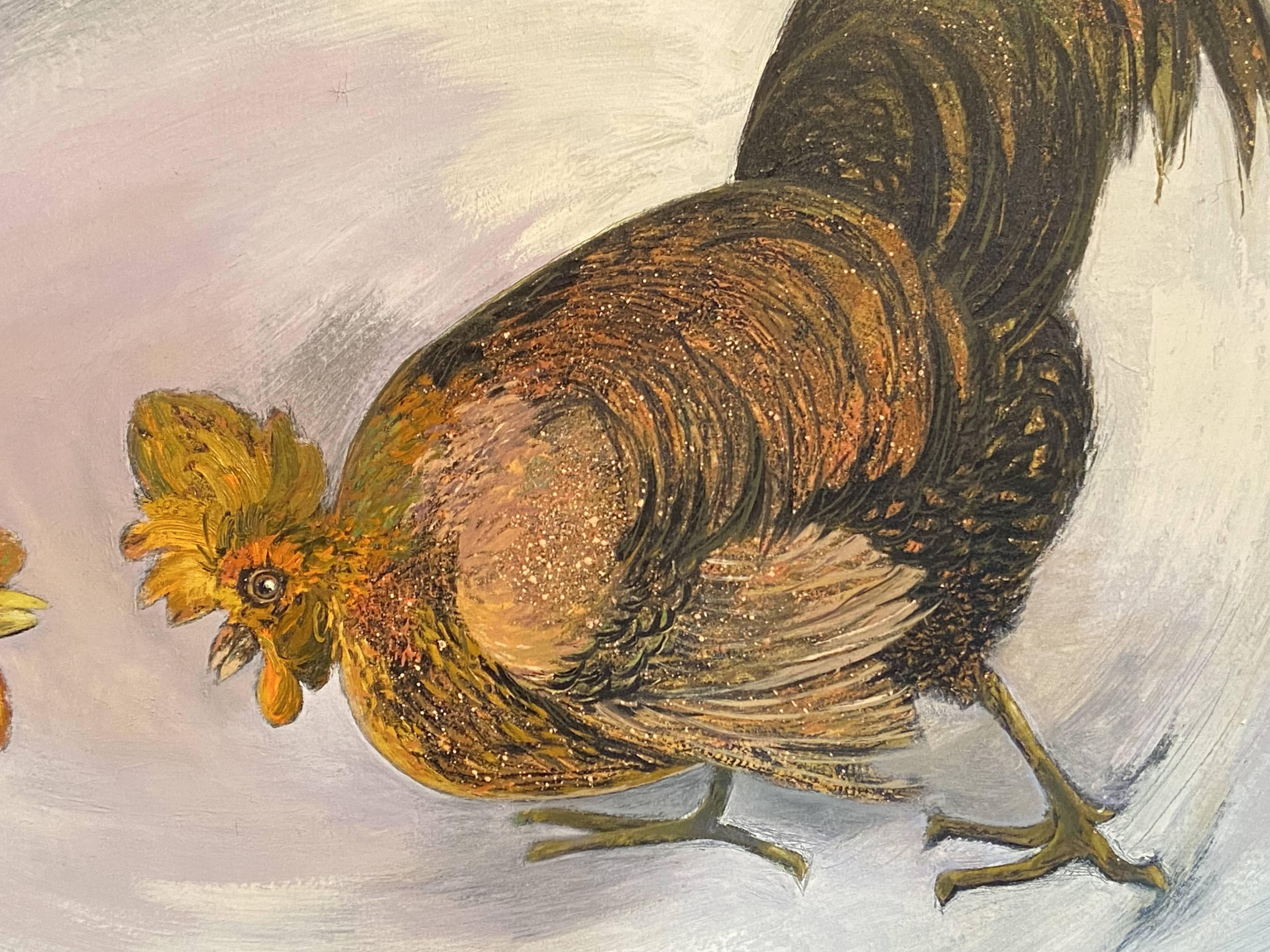 Large oil painting on canvas of a cockfight by Yves BOUGEARD