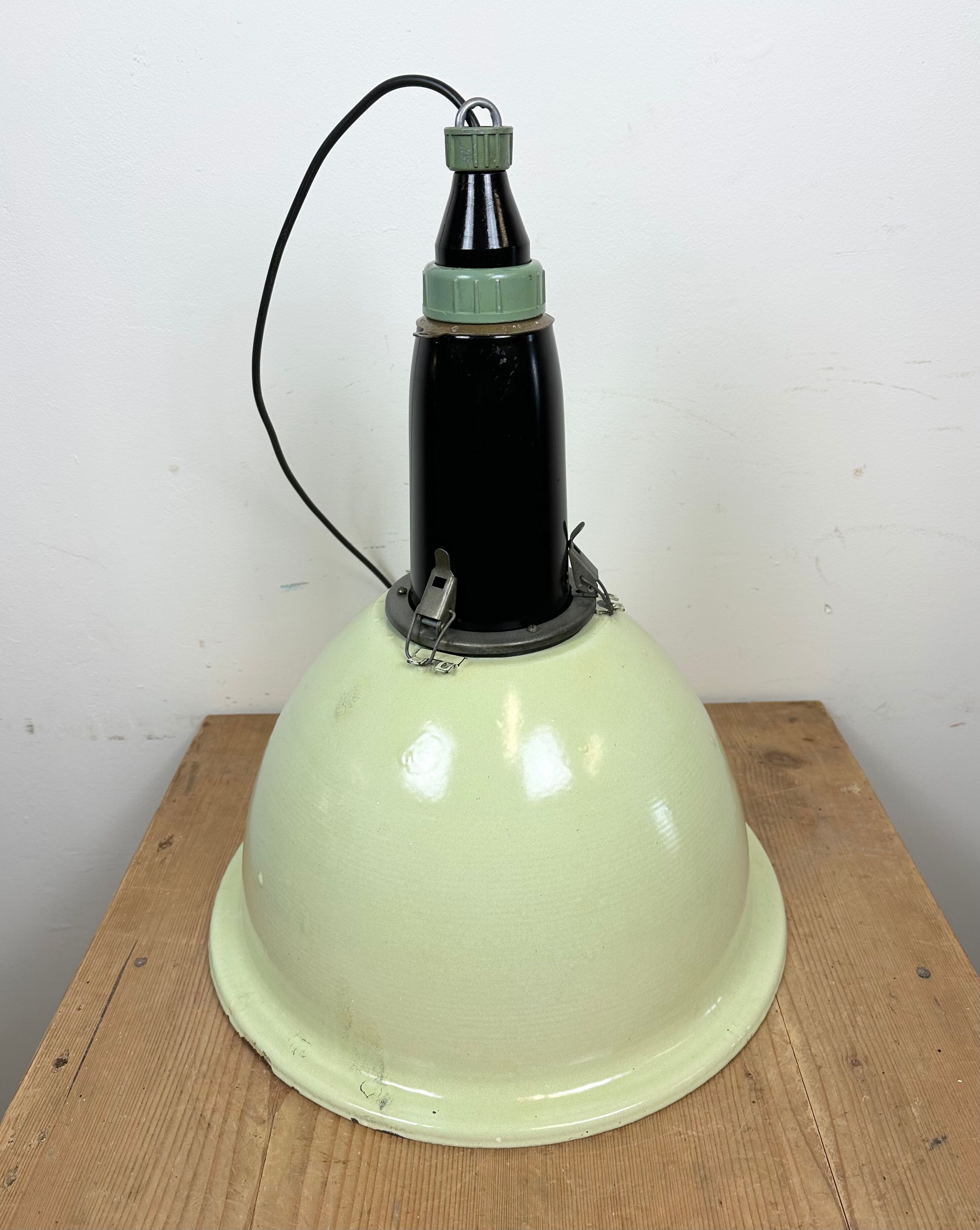 Industrial soviet light green enamel pendant lamp, 1960s