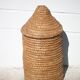Old basket, burgundy straw and bramble, woven basket with lid, pantry
