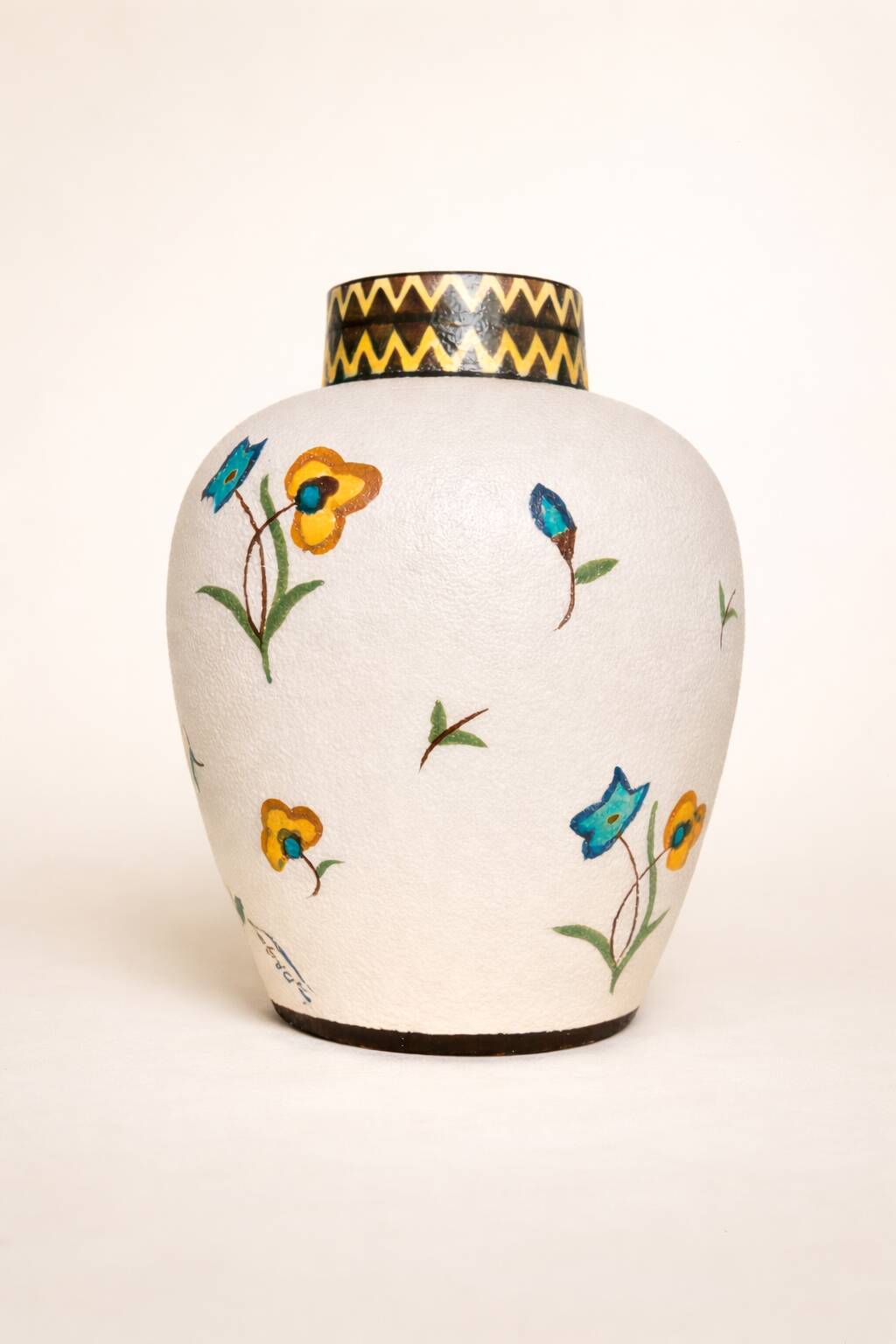 Art Deco vase by Louis Dage, frosted enamel and hand-painted floral decoration, years.