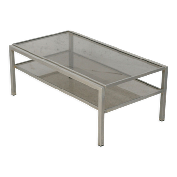 Double coffee table trays smoked glass steel. France, circa 1970