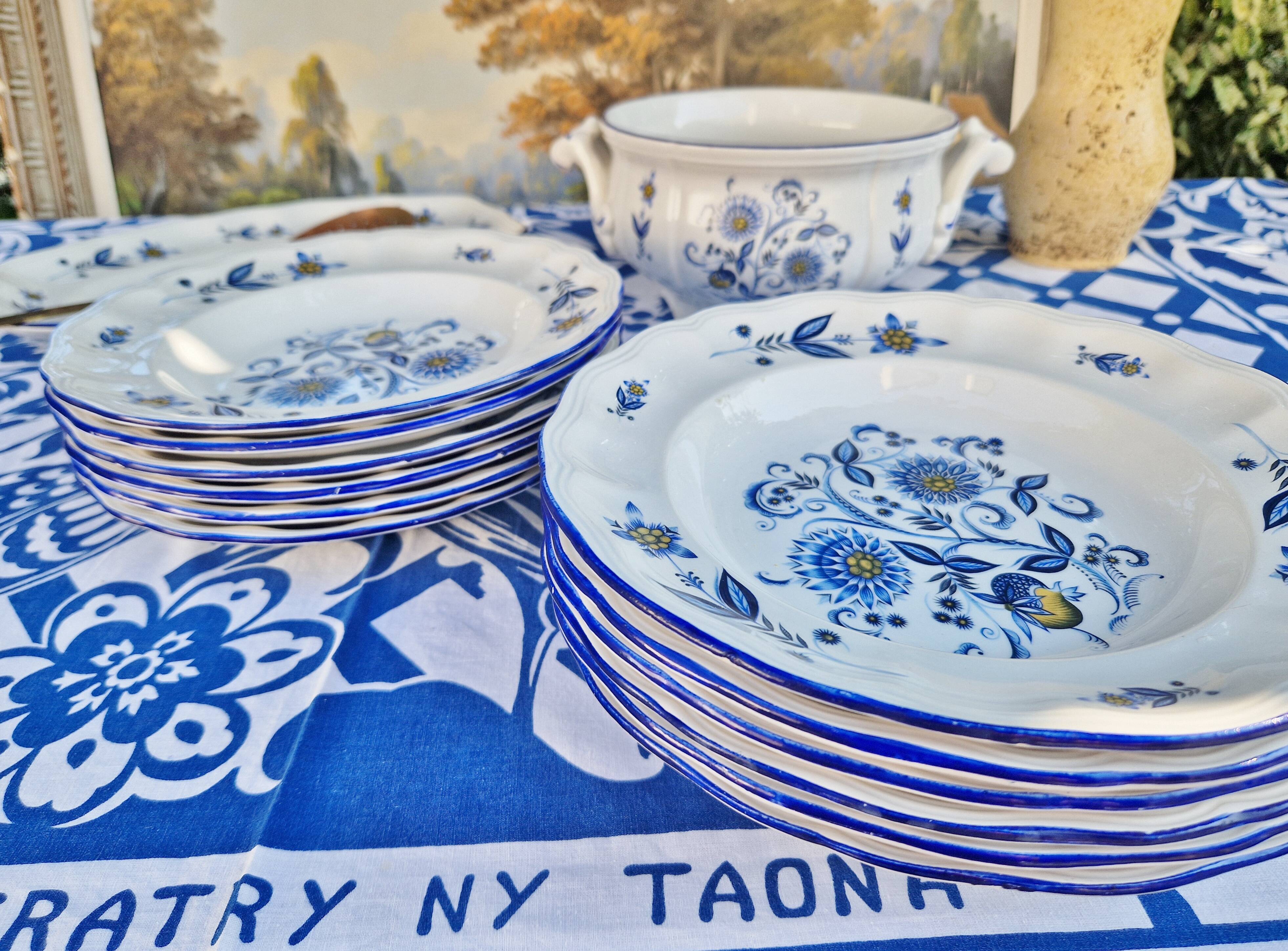 Lot de 6 assiettes creuses KG Lunéville liseré bleu et fleurs jaunes et bleu jaune